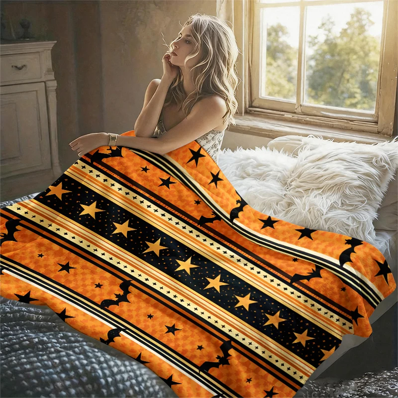 Orange Bats StarsFlannel Blanket Warm Soft Halloween Christmas Couch Warm Cozy Decorative Decor Gift for All Season