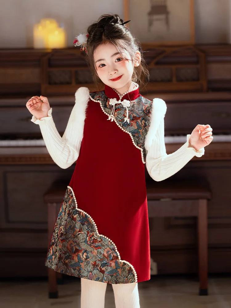 2025Girls' Autumn and Winter Red New Style New Year Clothes Cheongsam Two-Piece Embroidery