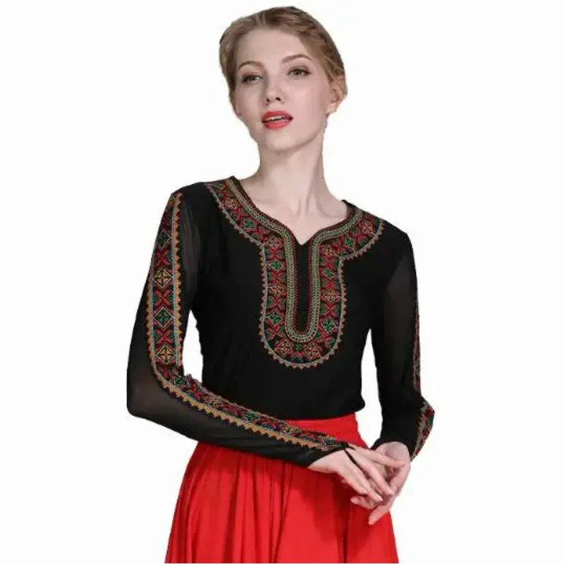 Chinese Xinjiang Uyghur Dance Tops Women Spring T Shirt Stage Performance Embroidered Folk Thin