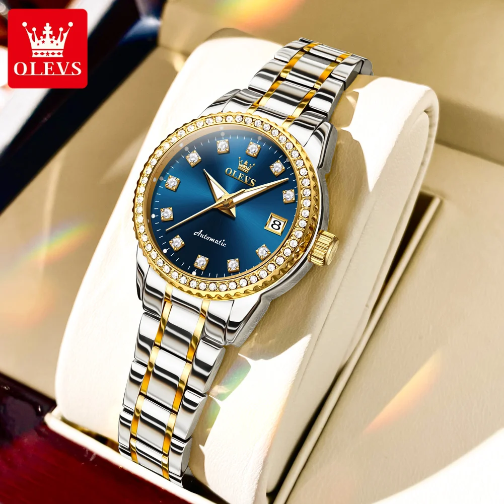 

OLEVS Women's Watches Fashion Original Automatic Mechanical Watch for Ladies Sparkling Diamond Dial Waterproof Luminous Date