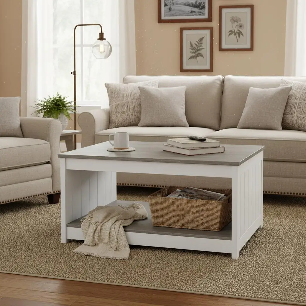 

Square Center Table 31.5" For Living Room Bedroom Studio Open Storage Cubby Wooden Rustic Furniture Gray & White Mixed Finish