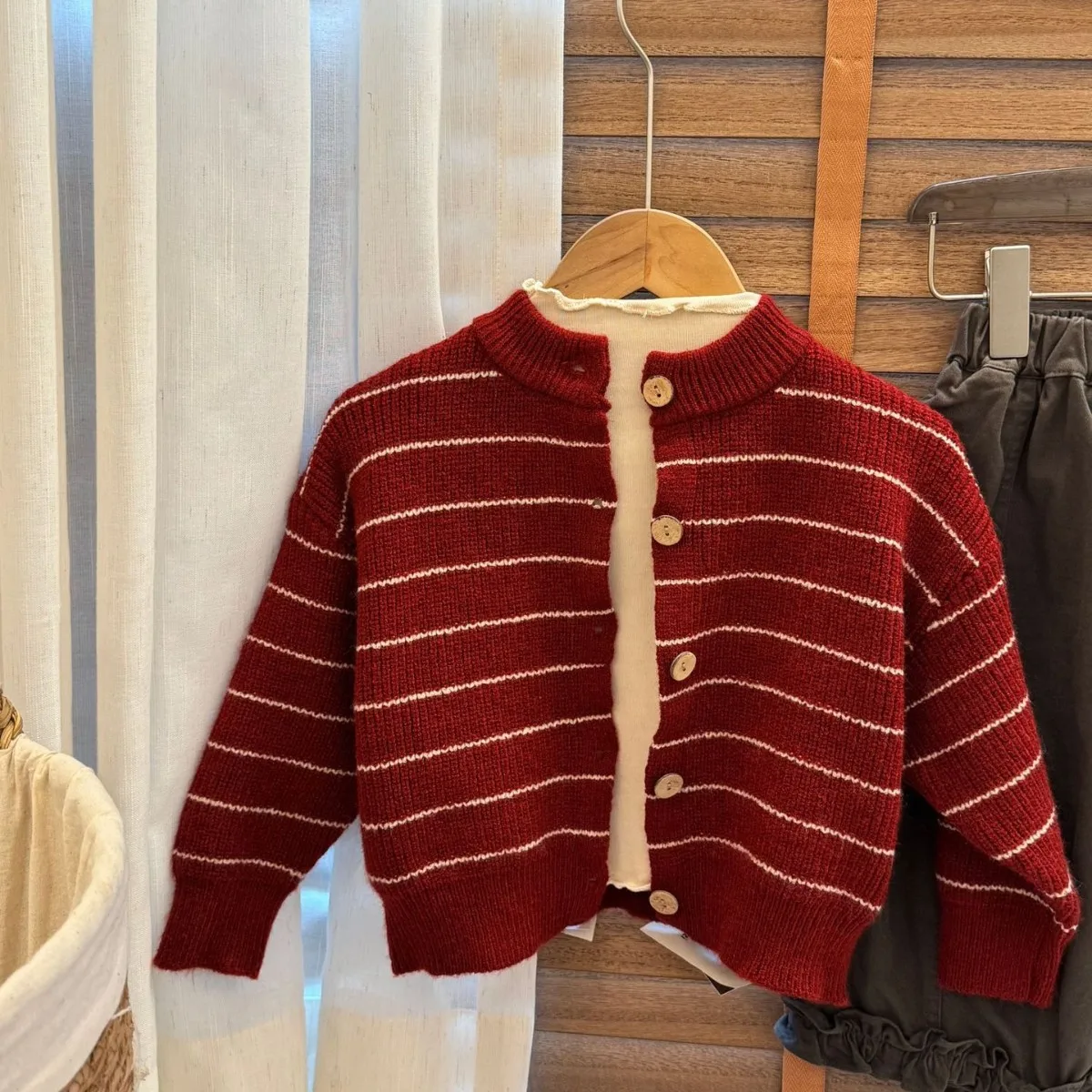 South Korea 2025 Autumn Children's Clothing Small and Medium Girls New Red Striped Knitted Sweater Cardigan Top Coat