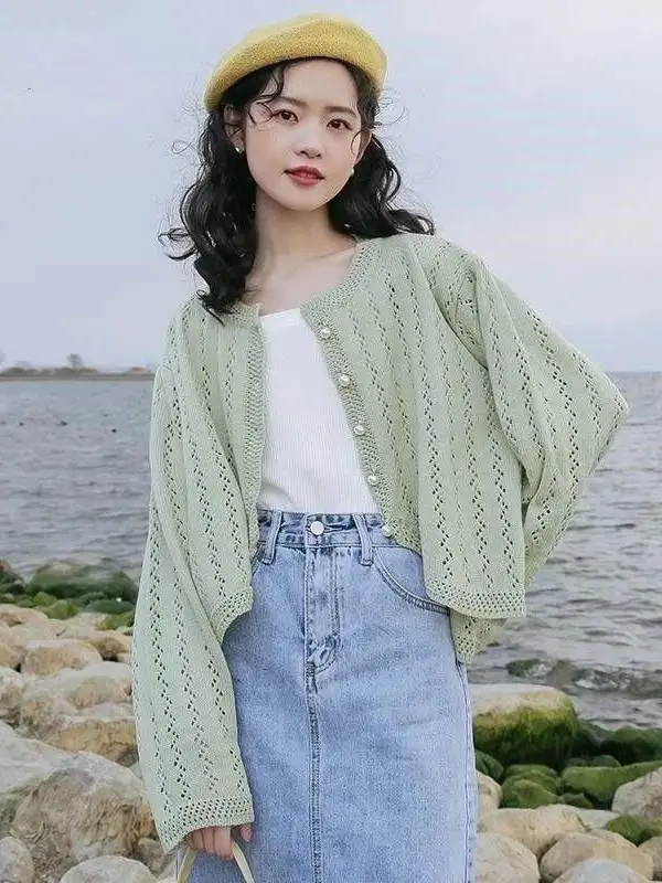 Women's Cardigan Sweater Outerwear Spring Pure Color Lazy Style Short Sun Protection Knitted Top Hollow out Thin Model