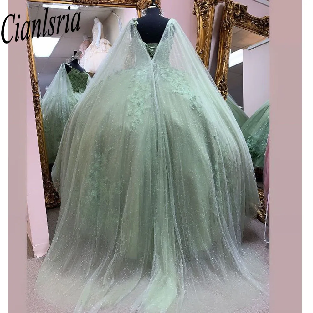 Vestidos De quinceañera verde menta, 15 Vestidos De XV Años hechos a mano con apliques De encaje De mariposa con capa De cristal dulce