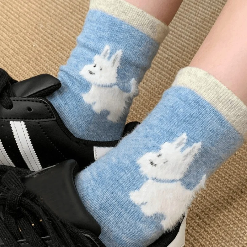 Fashion Plush Dog Pattern Socks Velvet-flocked Women Autumn Warm Socks Kawaii Cartoon Female Cotton Dogs Middle-tube Stockings