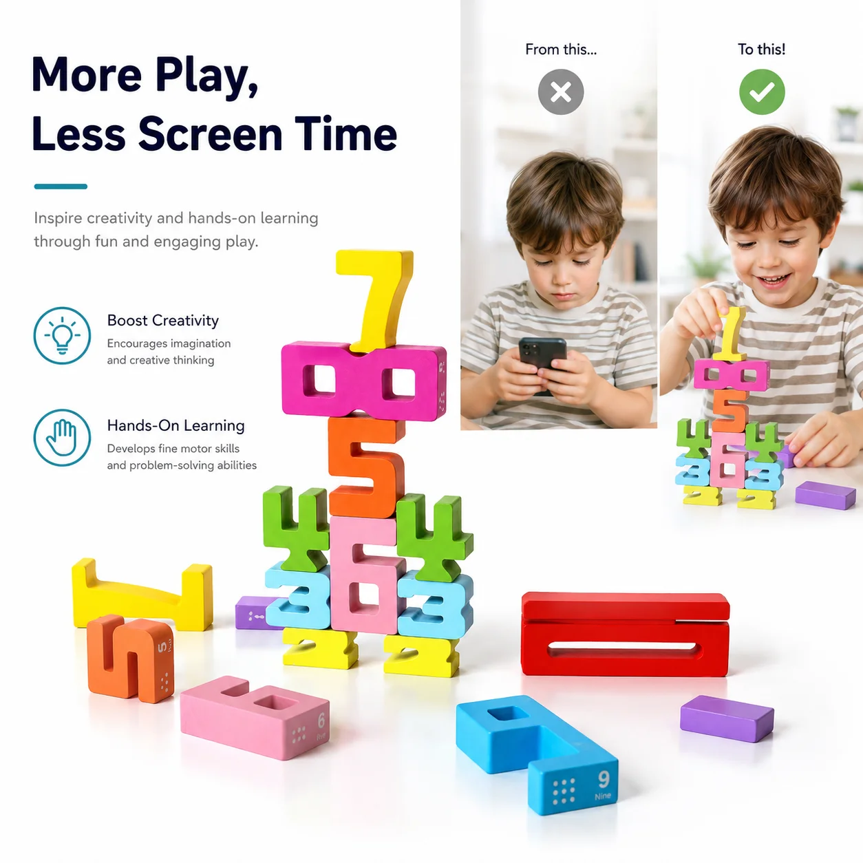 Wooden educational digital blocks, creative puzzles, stacking toys, fun brain-burning, early education topics, Montessori style