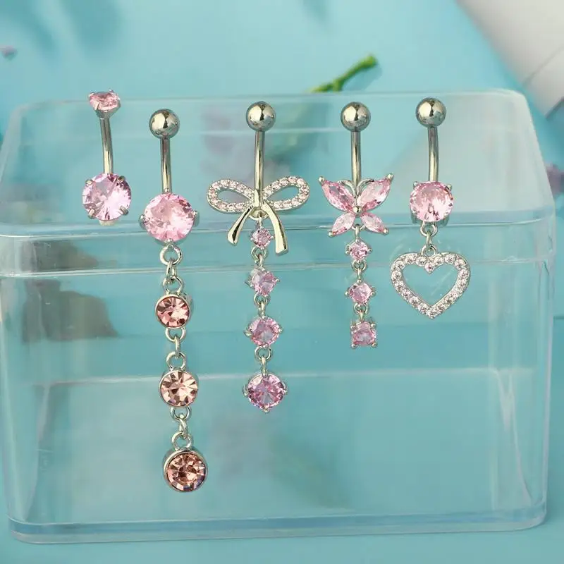 1/5pcs Cute Cubic Zirconia Navel Ring Piercing Surgical Steel Dangle Belly Button Jewelry - Assorted Pack