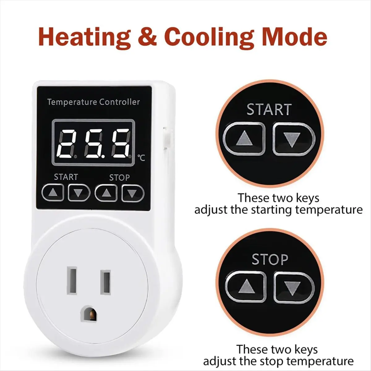 ●Digital Thermostat Plug Socket, LCD Screen Temperature Controller with Waterproof Sensor Probe for Reptile Home US Plug