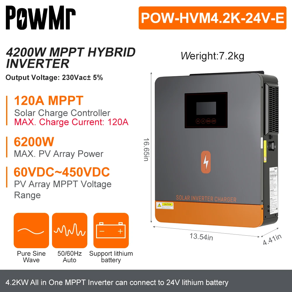 PowMr 4.2KW Hybrid Solar Inverters 24VDC to 220VAC Output PV Range 60~500VDC With MPPT 120A Solar Charge Controller Support WIFI