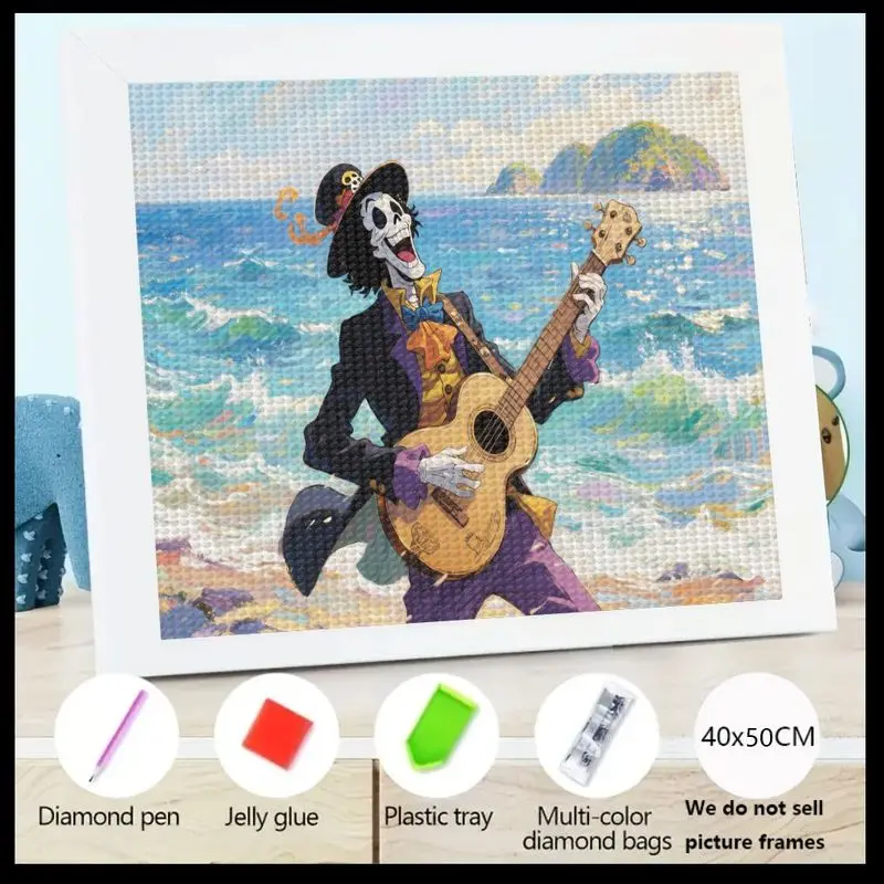 Kit de pintura de diamante 5D con taladro completo, una pieza, esqueleto de Brook, músico, tocar guitarra, playa, océano, arte de Anime, diamantes de imitación DIY, 1 ud.