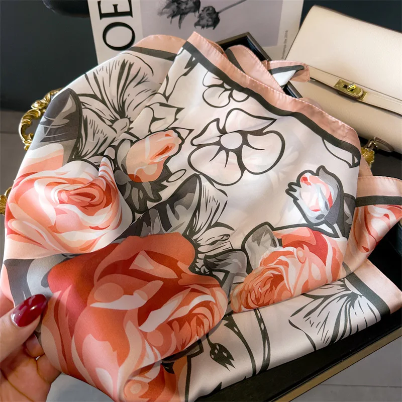 Women Fashion Design Business Wear Decoration Rose Flower Printed 70cm Outside Small Handkerchief Imitated Silk Square Scarf