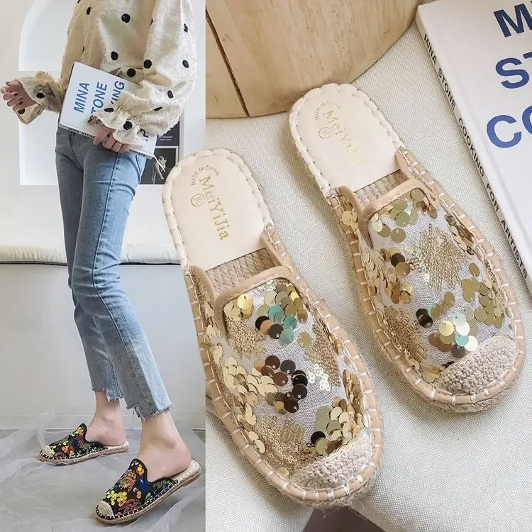 Sequined Slippers Women\'s Summer All-match Flat Sandals Women Retro Mesh Lace Slippers Fashion Loafers Bling Muller Shoes