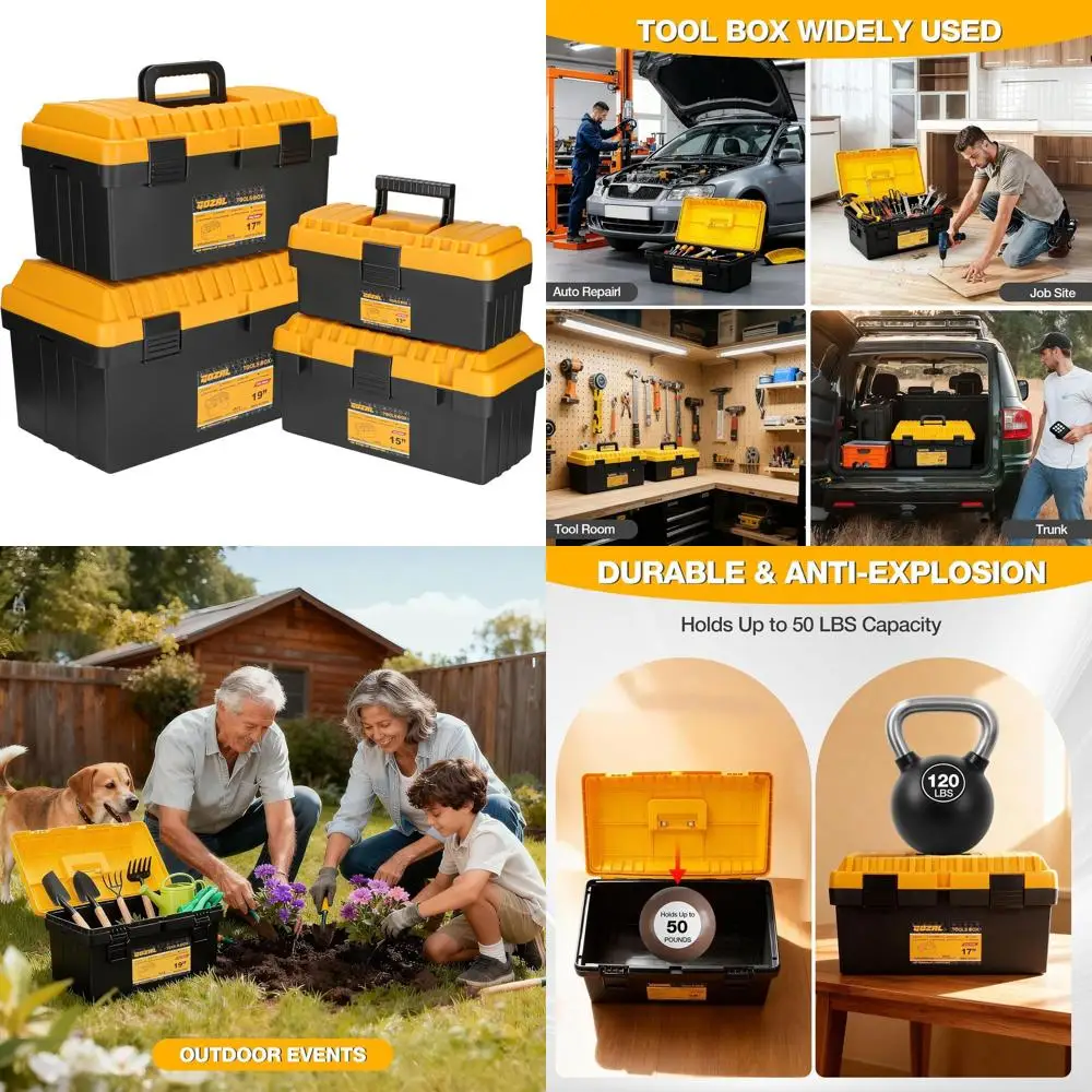 

Portable 4-Piece Tool Box Set with Removable Trays, Lockable Latch for Workshop Storage and DIY Projects (13, 15, 17, 19)