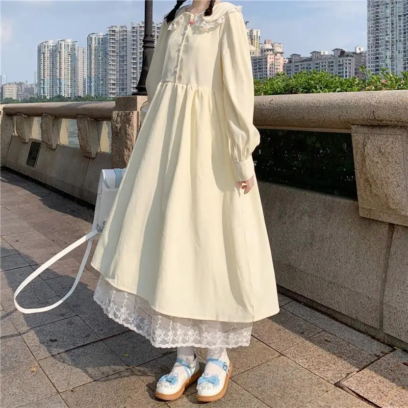 New 2022 College Style Sweet Peter Pan Collar Lace Dress Women Cute Japanese Mid-length Spring/Autumn Woman Dress