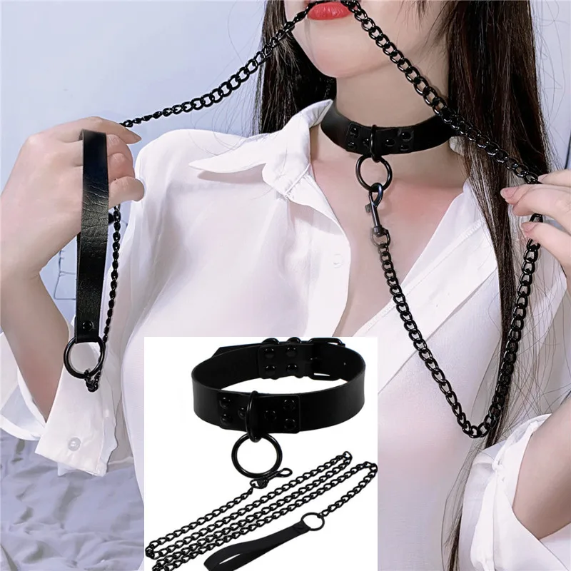 Collar erótico de cuero PU para mujer, cadena de acero con remaches, Gargantilla Sexy, estilo Punk y gótico, para sexo y Bondage, para juegos de adultos