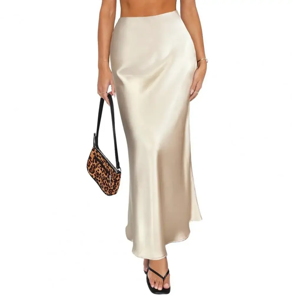 

Pop Casual Women Long Skirt Spring Elastic High Waisted A-Line Casual Female Satin Skirts High Street Lady Skirts