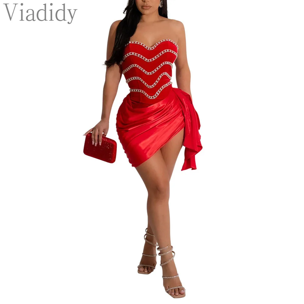 Women Sexy Solid Color Rhinestone Beads Decor Strapless Backless Irregular Bandeau Party Dress