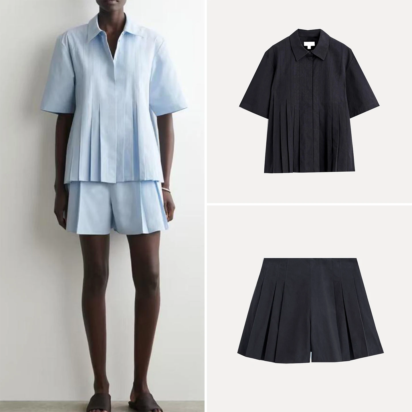 

Fashionable Pleated Shirt And Shorts Set Women's Spring 2026 High Waist Short Pants Pure Color Button up Top Zadata Brand