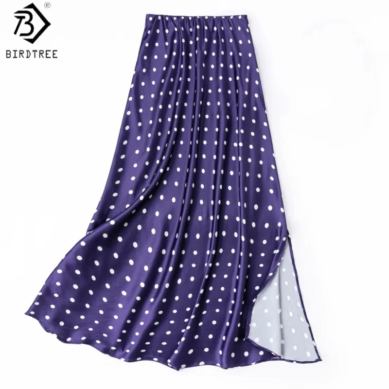 Birdtree, 93% Real Silk Skirt, Elastic Waist, Bias-cut, Women Plain Satin Side Slit Skirts, Dot Print, 2026 Summer New D66016JF