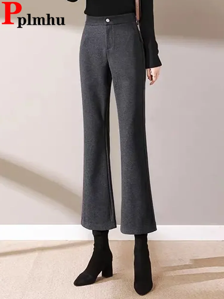 

Fall Winter Woolen Thick Formal Flare Pants Women Casual High Waist Wool Blend Boot Cut Pantalones Korean Design Slim Calca New