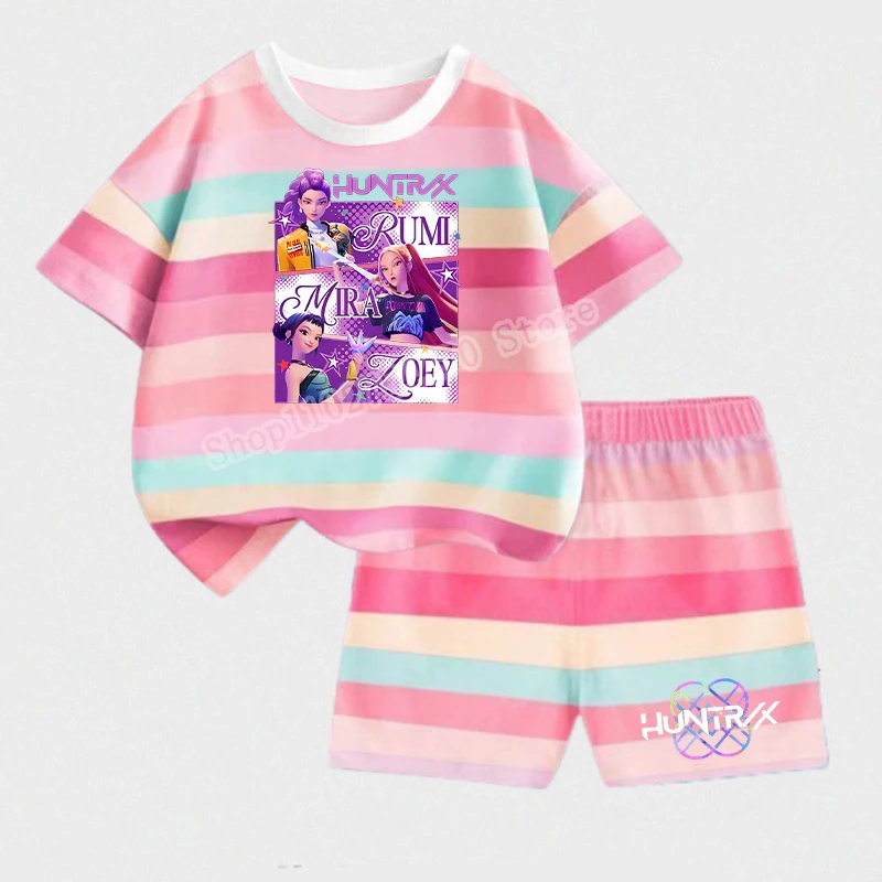 KPop Demon Hunters Child Short Style T-shirt Set Cartoon Rumi Mira Zoey Print Striped Two-piece Suit Summer Casual Homewear Gift