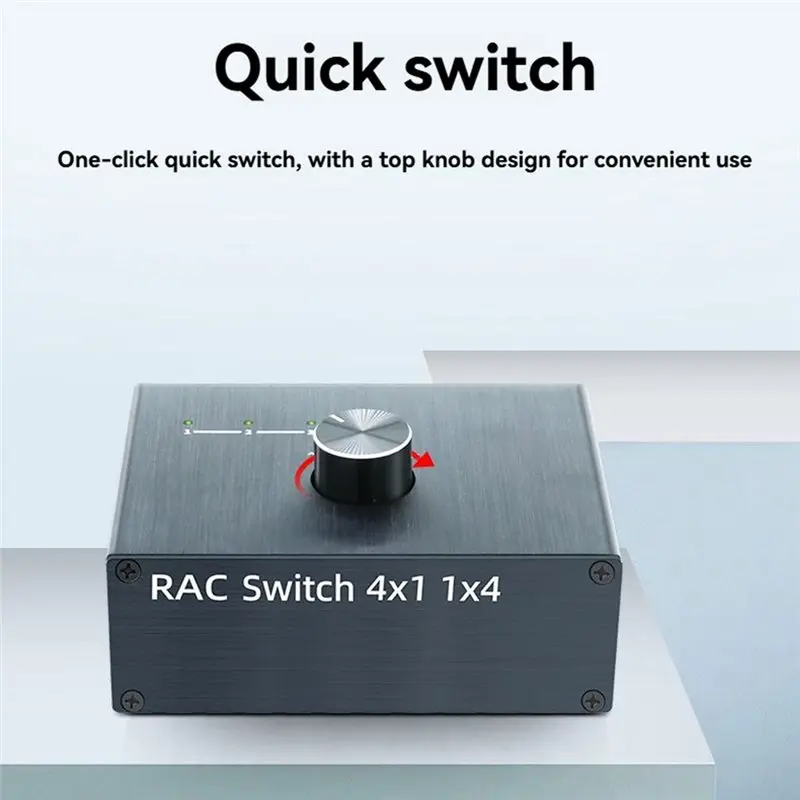 AA60 4 Way RCA Stereo Audio Switcher Bi-Directional 4x1/1x4 Audio Switch Splitter with Volume Knob for Amplifier