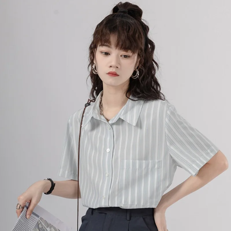 XEJ Striped Shirt Short Sleeve Chiffon Blouse Oversized Shirt Korean Style Vintage Clothing Women\'s Summer Tops 2024 Tunic