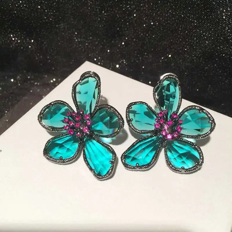 2024 Vintage Dark Green Crystal Flower Stud Earrings Ring Jewelry Women Retro Femme Wedding Bridal Luxury Jewelry Bijoux