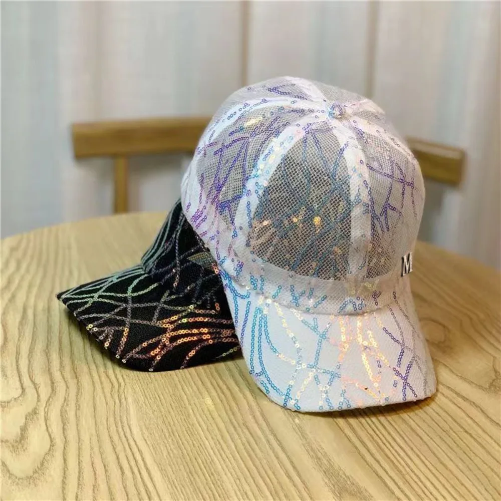 Mesh Baseball Cap Fashion Sequin Breathable Sunshade Hat Sweat Absorption Ripple Thin Style Ladies Sun Visor Female