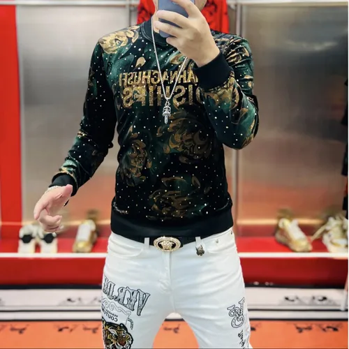 Imagen 2 del producto Sudadera de cuello redondo con taladro dorado caliente de terciopelo australiano de terciopelo para hombre de edición europea de otoño 2025