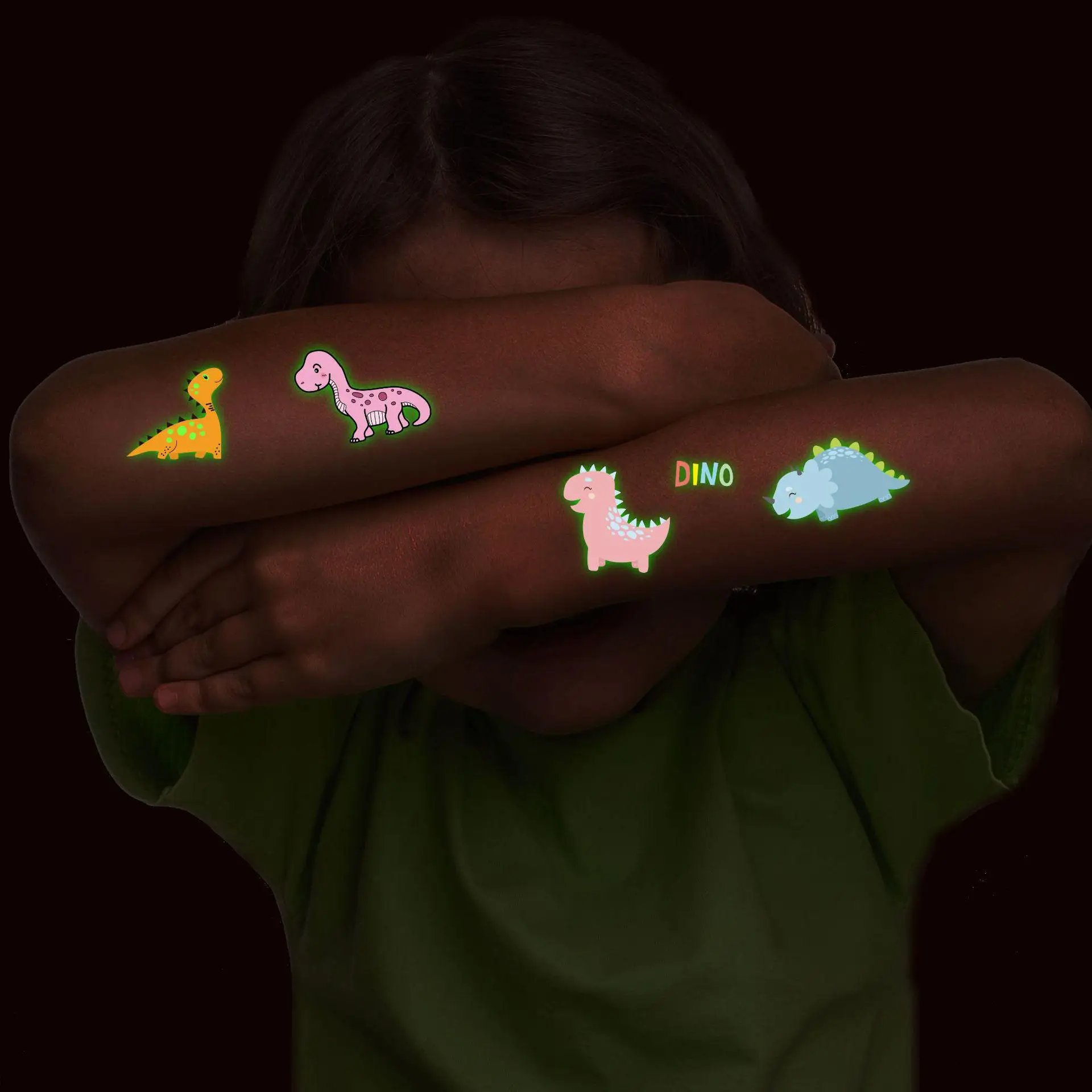 10 Uds. Tatuaje luminoso de dinosaurio de dibujos animados pegatina Kawaii creativo temporal divertido Animal flor muñeca pie tatuaje pegatinas