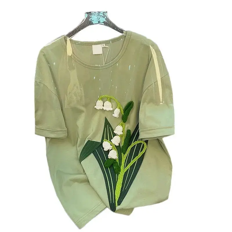 DAYIFUN-Green Short Sleeve T-shirts for Women 3D Flower Design Cotton Embroidered Tshirt Large Size Couple Tops Summer Tees 2024