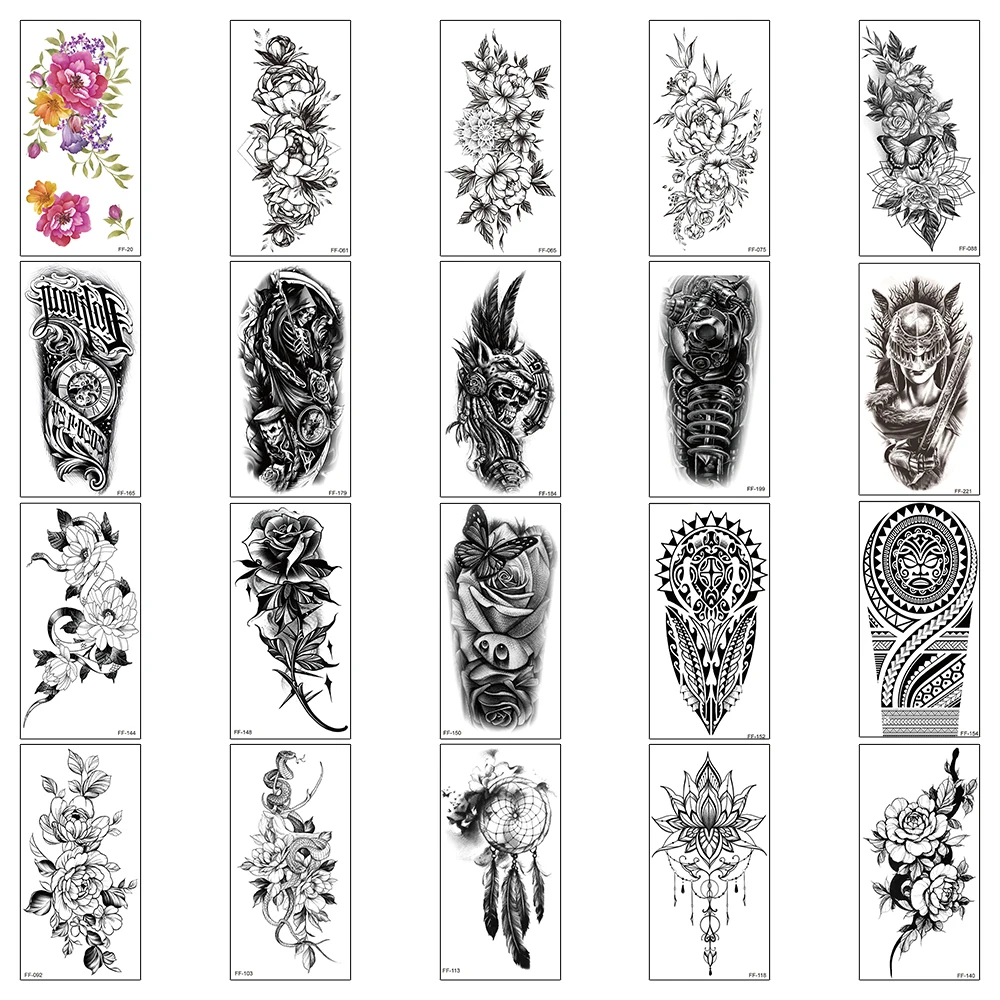 

20Pcs/Set,Waterproof Temporary Fake Tattoo Sticker,Water Transfer Decal,Flower Snake Black Totem,Cool Body Art for Man Women