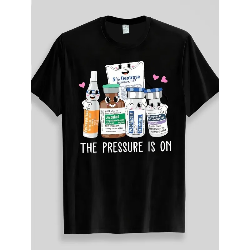 Cartoon Medical Drug Character Pattern T-shirt Pressure Theme Fun Summer New Unisex Harajuku Style T-shirt