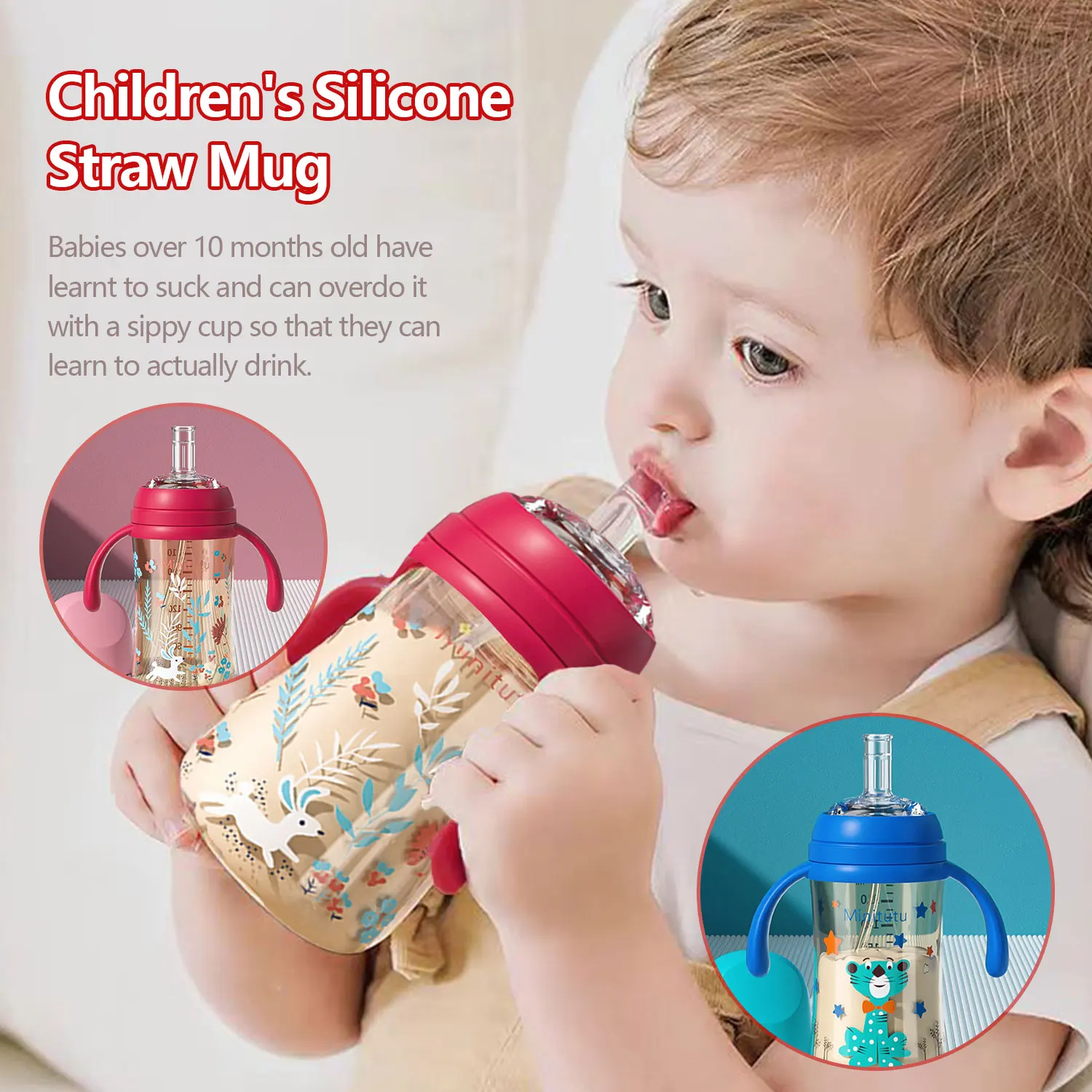 240ml children's sippy cup for babies over 10 months Learning cup Bottle with handle Wide mouth easy to clean