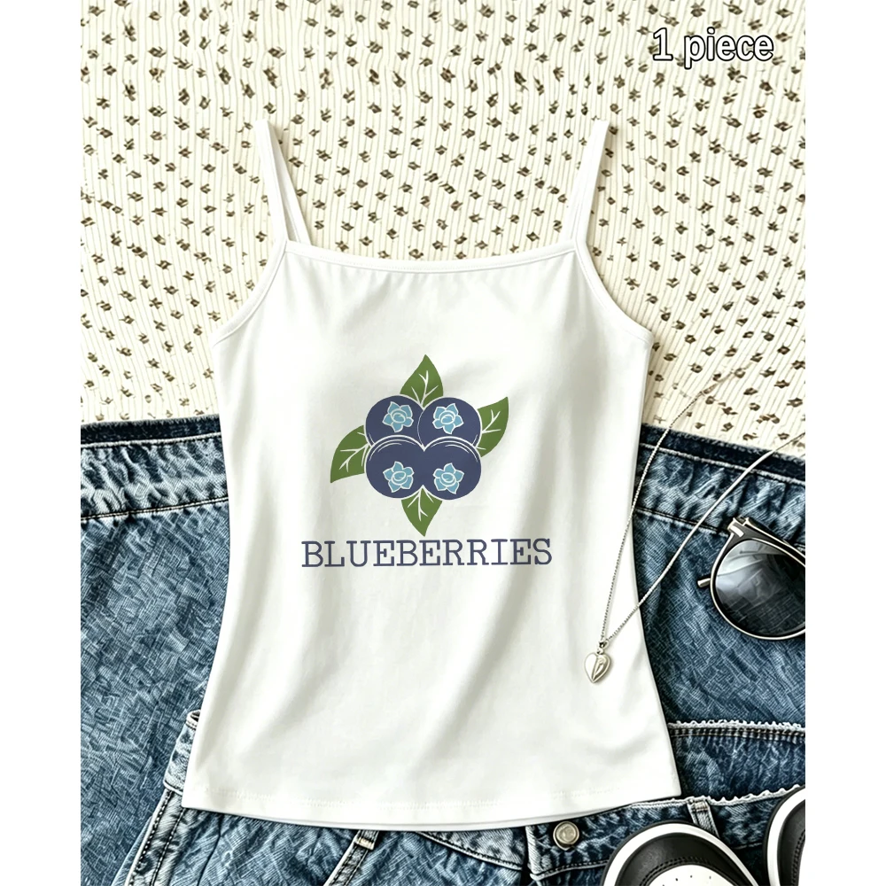 Women Blueberries Print Camisole Summer Retro Fruit Graphic Tank Top Cute Leaf Sleeveless Vest Streetwear Crop Top