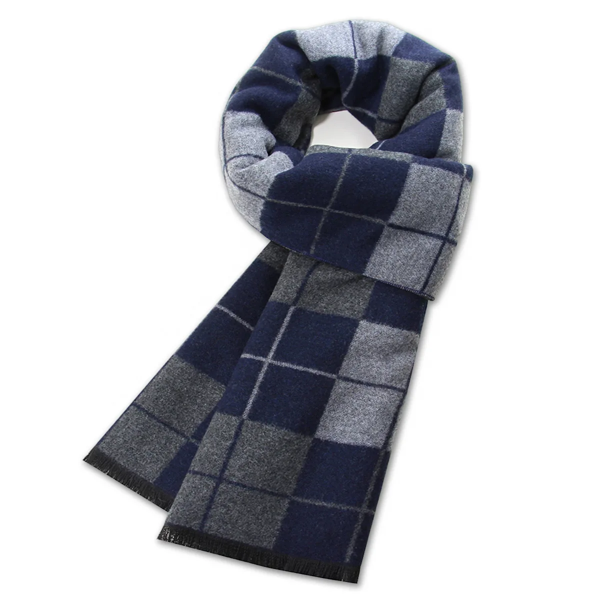 Light grey plaid wool scarf for winter warmth, jacquard fleece men\'s scarf, versatile business scarf