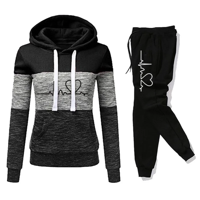 Autumn Winter Womens Tracksuit Heart Printing Hooded Sweatshirt+Pants 2 Pieces Set Splicing Pullover Casual Jogging Clothing