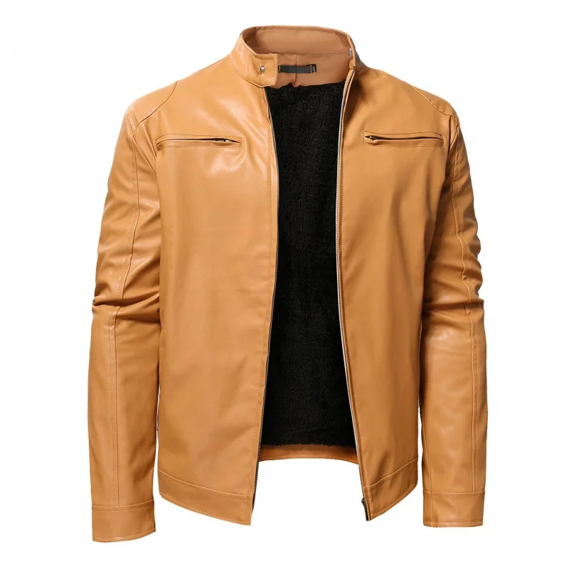 

In Stock Men's Cardigan Hot SalePUCoat Zipper Fleece-Lined Leather Jacket Leather Coat for MenW109