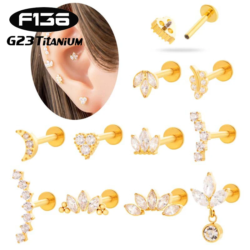 

1PC G23 Titanium Flower Zircon Pendant Stud Earrings Internally Threaded Ear Lip Studs Tragus Cartilage Labret Piercing Jewelry