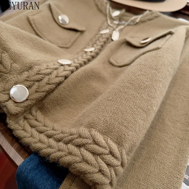 2024 Autumn Autumn Knitted Cardigan Sweater Coat Women Vintage Fashion V-neck Long Sleeve Solid Casual Knitwear Crop Tops Jumper