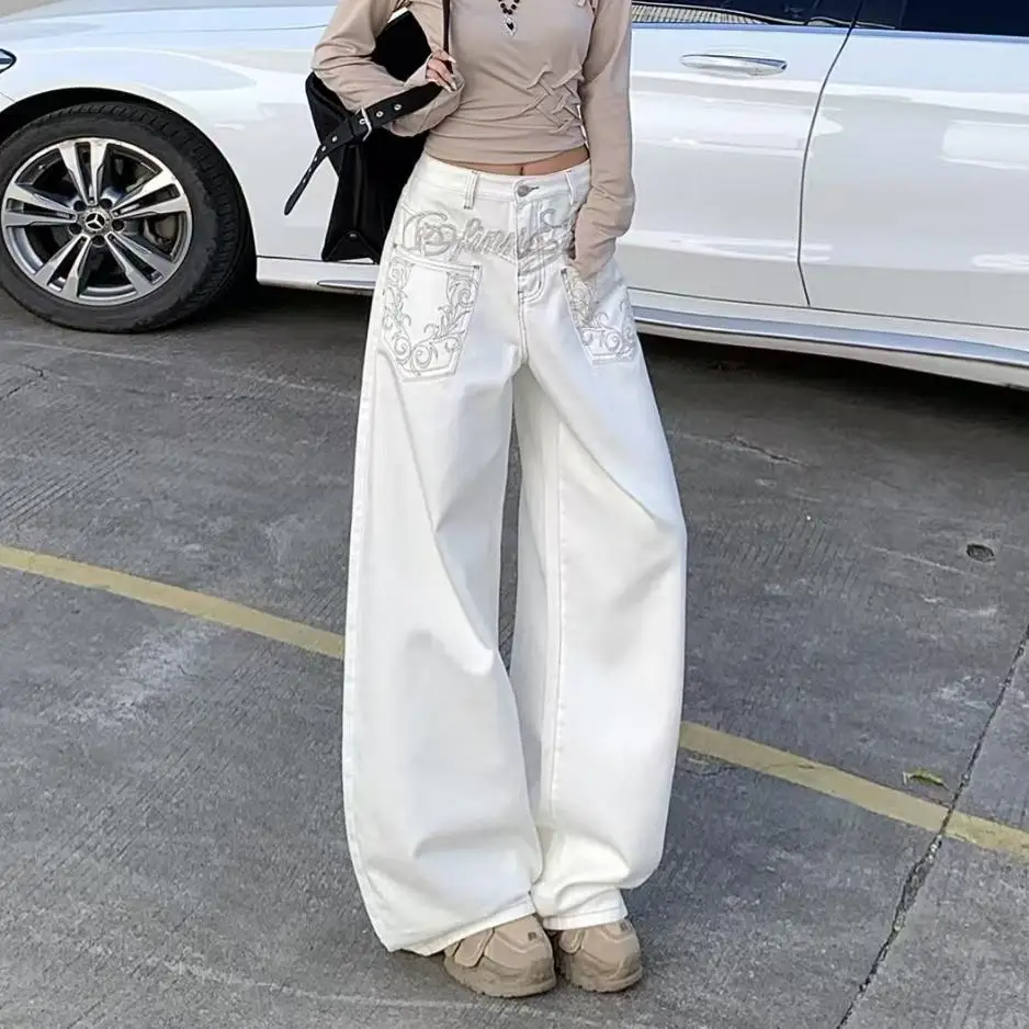 Y2K Curved Knife Jeans American Retro Letter Embroidery Deconstruct Misaligned Pockets Personalized Design Sense Banana Pants