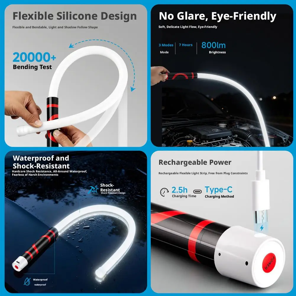 Lanterna LED Flexível de 73cm, Alta Luminosidade, Recarregável, Lâmpada de Reparo, Luz de Trabalho para Inspeção de Motores Automotivos, Ferramenta para Mecânicos ao Ar Livre