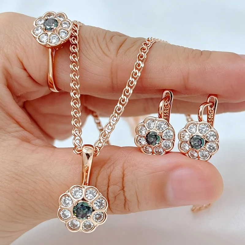 Kienl Heißer Verkauf Farbenfroher Natürlicher Zirkon Ring Ohrringe Halskette für Damen Luxuriöses 585 Roségold Farbiges Alltags-Schmuckset 3-teilig