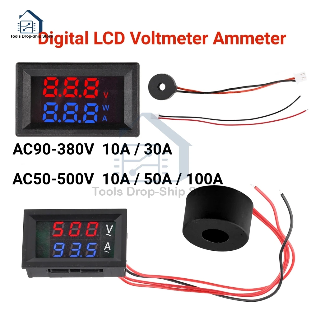 Digital LCD Voltmeter Ammeter 10A 30A 50A 100A Voltage Current Meter Tester Detector Current Transformer AC 50-500V AC90~380V