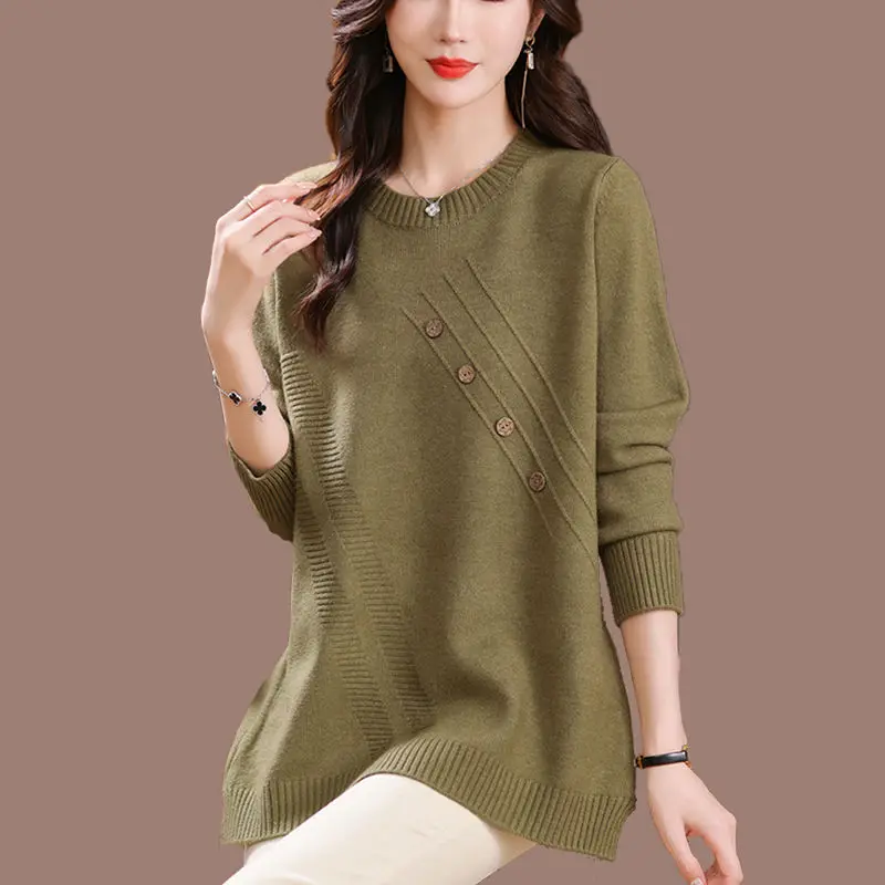 Office Lady Screw Thread Round Neck Lantern Long Sleeve Solid Color Button Sweater Knitted Pullover Women\'s Clothing Tops