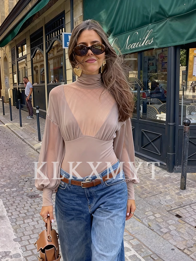 女性用半透明ボディスーツ 2025年夏秋新作 レディースファッション 長袖セクシーなジャンプスーツ 女性用レジャーボディスーツ