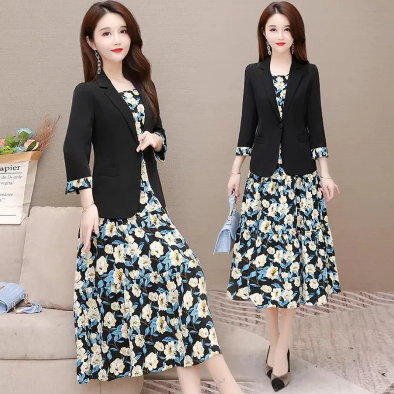 Women\'s Autumn Casual Blazers Sling Floral Dress Two Piece 2022 New Fashion Suit Jacket Midi Skirt Set Korean Elegant Chic Set