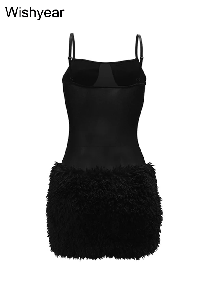 Nuove donne soffice pelliccia patchwork mini abito nero maglia trasparente aderente night club senza spalline backless autunno compleanno abiti