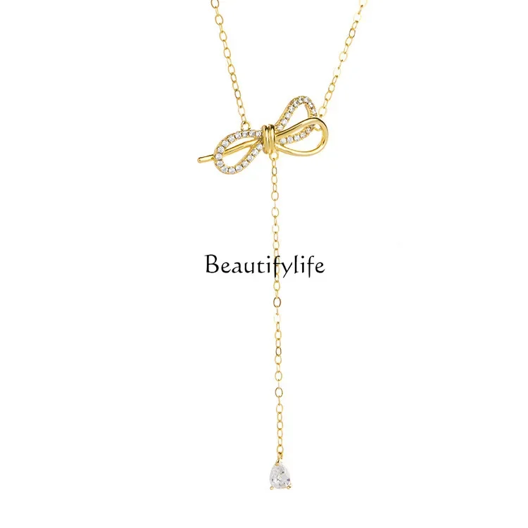 

Electroplated pure silver bow tassel necklace with female niche design, ins style collarbone chain
